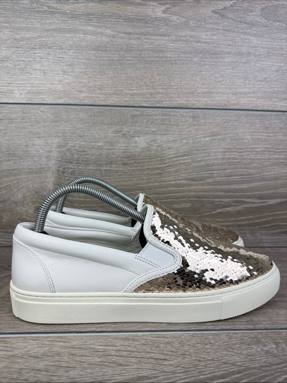 Tory Burch Carter Metallic Rose Gold Sequin Womens Sz 9M Slip On Leather Sneaker